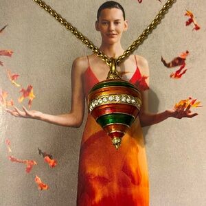 Bob Mackie Striped Enamel Spinning Top Necklace W Rhinestones Link Chain